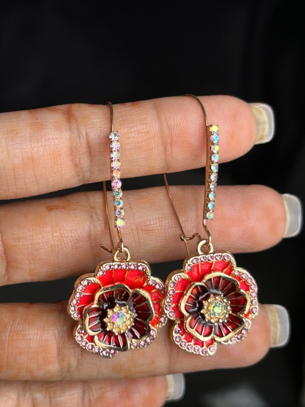 Gold-Tone Red Enamel Floral Drop Earrings with Crystal Accents